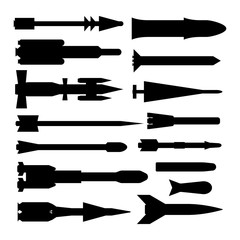 Cartoon Silhouette Black Rocket Weapon Icon Set Different Type. Vector