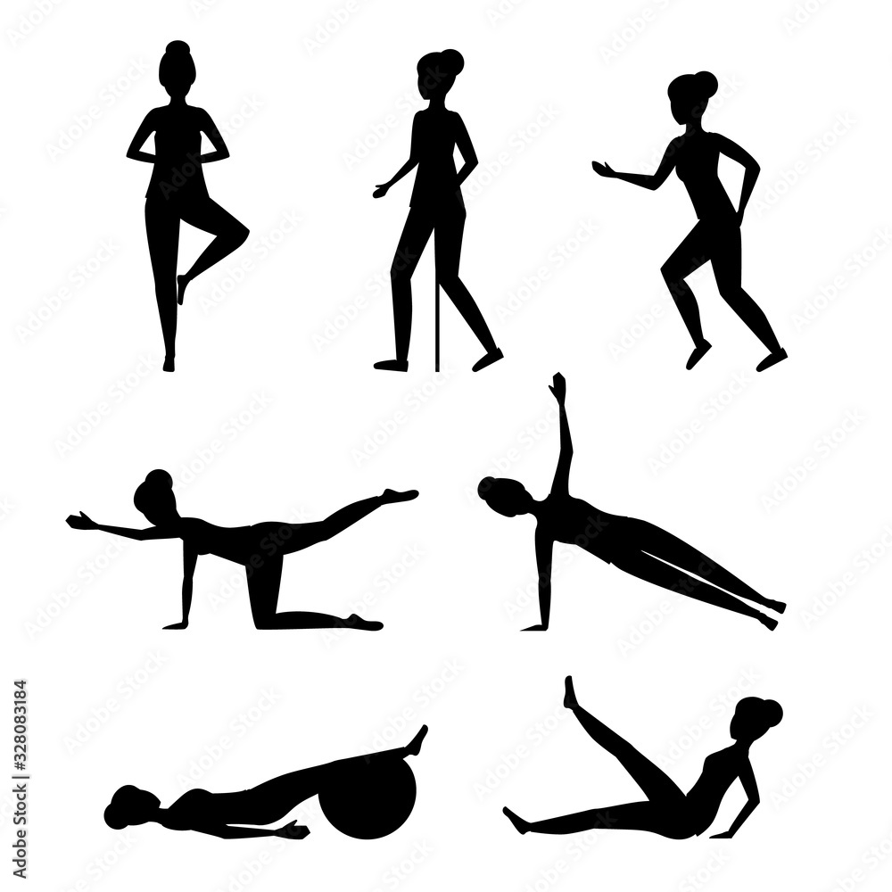 Canvas Prints Cartoon Silhouette Black Senior Exercise of Female Characters. Vector