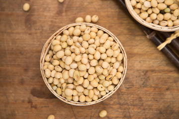 A pile of soybeans in a bamboo basket