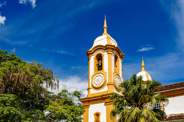Bell tower in a Baroque church built in the 18th century in the historic city of Tiradentes in Minas Gerais