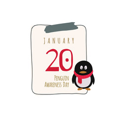 Calendar sheet, vector illustration on the theme of Penguin Awareness Day on January 20th. Decorated with a handwritten inscription - JANUARY and a cartoon penguin silhouette.