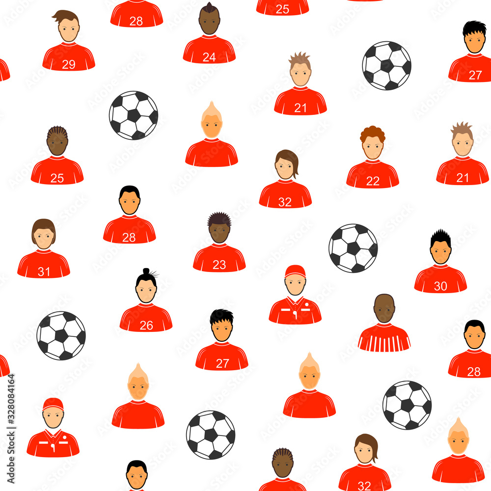 Sticker Cartoon Soccer Players and Ball Seamless Pattern Background . Vector