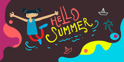 summer holiday season banner illustration kids doodle drawing style. 