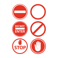Cartoon Round Red Stop Signs Icon Set Different Type. Vector