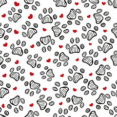 Doodle black paw prints and red hearts. Seamless pattern for textile design