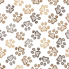 Doodle brown paw prints vector. Seamless pattern for textile design
