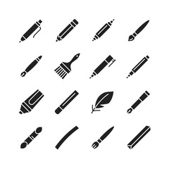 Tools for drawing, calligraphy, lettering, sketching flat glyph icon set. Paintbrush, pen, pencil, feather, marker, felt pen, charcoal, crayon, chalk, bamboo.Vector illustration.