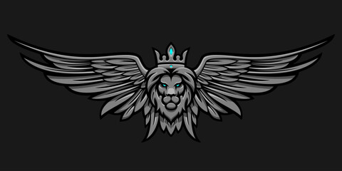 Lion in a crown with wings on a dark gray background in vector EPS8