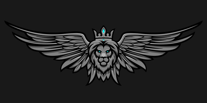 Lion in a crown with wings on a dark gray background in vector EPS8