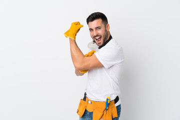 Craftsmen or electrician man over isolated white background making strong gesture