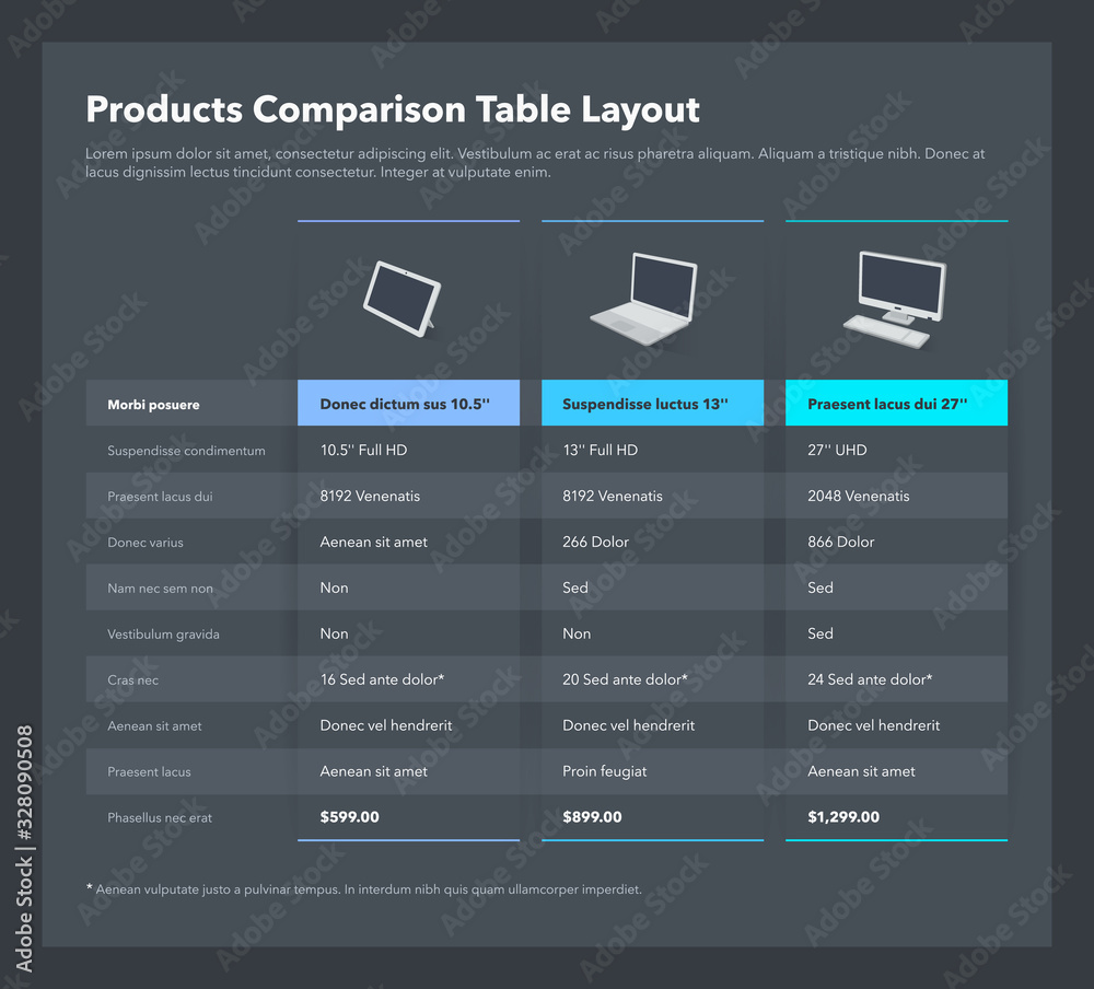 Poster Products comparison table layout with place for description - dark version. Flat infographic design template for website or presentation.