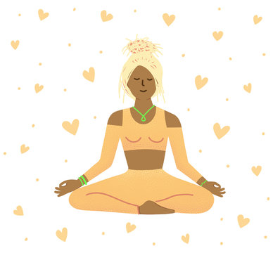 Young woman sitting with closed eyes and meditating. Meditation, relaxation, spiritual practice, yoga and breathing exercise. Flat cartoon colorful vector illustration.