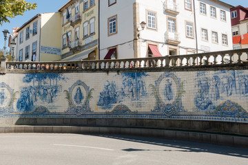 section of the tile panel of Rossio located in the historic town of Viseu, Portugal - obrazy, fototapety, plakaty
