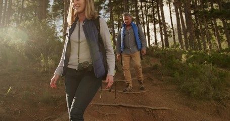 Active senior couple hiking in forest - Powered by Adobe
