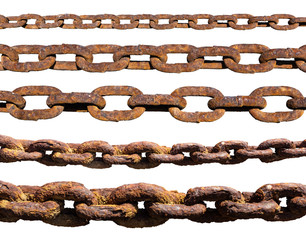 Set of old,rusty, extremely corroded chains isolated on white background