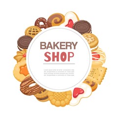 Bakery shop cookies and waffers sweet pastry circle poster cartoon vector illustration. Desserts baked cookies bakery goods poster with typography.