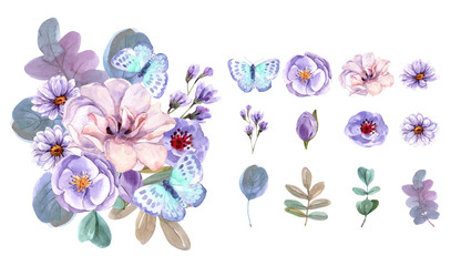 Obraz na płótnie Canvas bouquet and Floral elements watercolor set