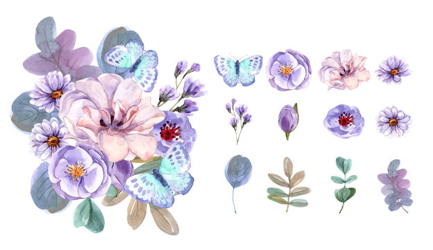bouquet and Floral elements watercolor set