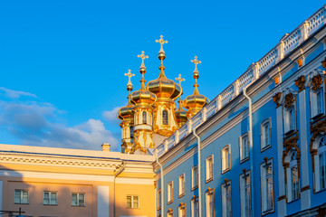 Resurrection church dome of Catherine palace in Tsarskoe Selo (Pushkin) at sunset, St. Petersburg,...