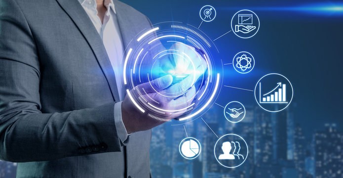 Business man holding mobile phone use big data search data about investment, rick, stock, Profit or loss for send to all investor by using technology 