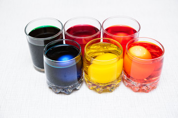 Painting process of Easter eggs by dye in the glasses. Home decorations for the holiday.