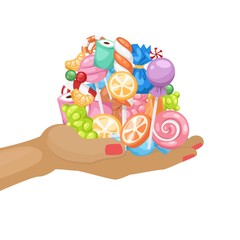 Candy confectionery and sweets, dessert, lollipop, caramel and jelly on girls arm cartoon vector illustration. Candies and confectionary hand isolated on white for sweet shop.