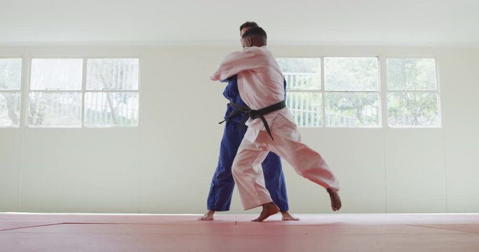 Judokas training by doing a randori on the judo mat