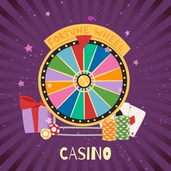 Casino with fortune spinning wheel, card and dibs gambling concept, win jackpot cartoon vector illustration. Casino retro background with wheel of fortune, roulette, chance for luck.