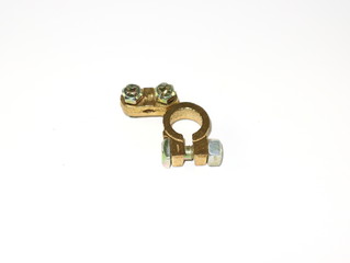 Battery terminal,  negative terminal isolated on white background.