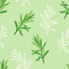 Tarragon leaf seamless pattern. Vector cartoon color illustration of green estragon herbs on green background. White outline.