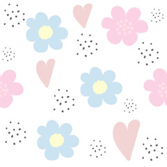 Seamless pattern with flowers hearts and dots drawn by hand. Simple vector illustration.
