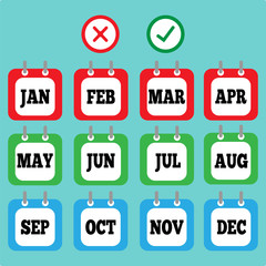 Set of calendar month icons and tick and cross symbols. Flat vector illustration.