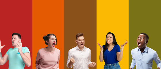 Portrait of group of emotional people on multicolored background. Flyer, collage made of 5 models. Concept of human emotions, facial expression, sales, ad. Angry screaming, shouting, disturbance.