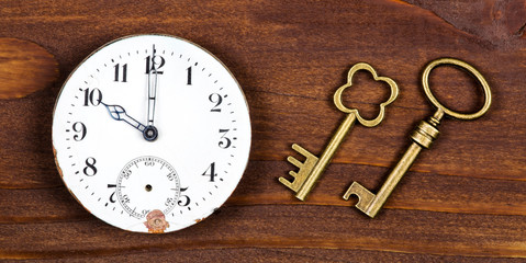 Time management, business solution, success concept, vintage clock face and gold keys, web banner