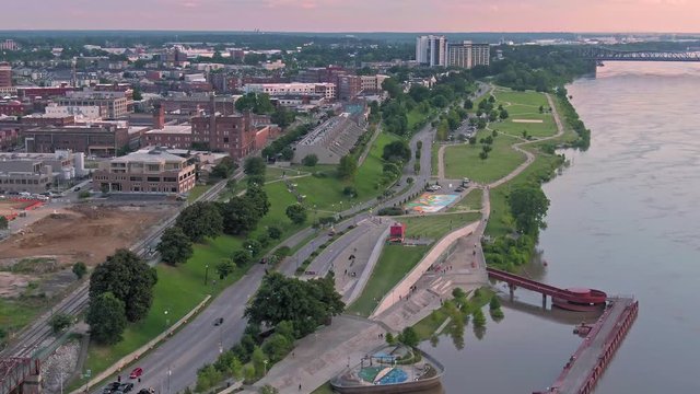 Aerial: Mississippi River, Tom Lee Park & Downtown Memphis At Sunset, Tennessee, USA. 