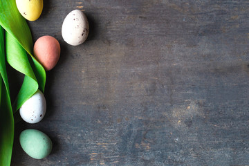 Dyed colorful easter eggs on a vintage wooden background texture, soft pastels and green leafs modern design