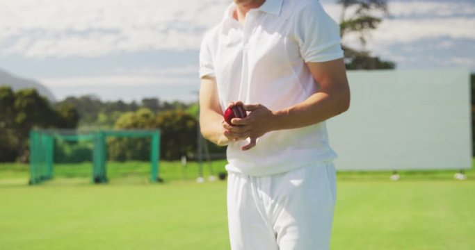 Cricket player holding the ball between his fingers