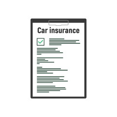 Car insurance document report vector illustration, flat cartoon paper agreement checklist or loan checkmarks form list approved with vehicle financial or legal deal