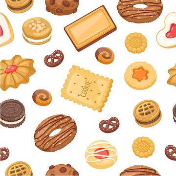 Cookies seamless pattern of different chocolate and biscuit chip cookies, gingerbread and waffle, vector illustration. Cookies sweet dessert background.