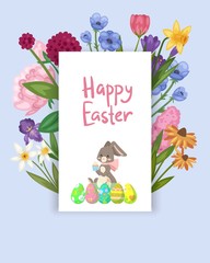 Easter card with spring flowers and cute baby bunn, decorative eggs in frame cartoon vector illustration. Funny bunny for easter holiday spring flowers card.