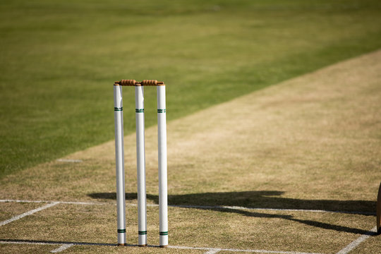Cricket stumps standing on a cricket pitch