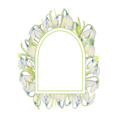 Romantic spring frame with snowdrops on the outer edge on a white isolated background. Watercolor illustration.