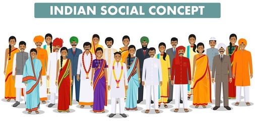 Family and social concept. Group indian people standing together in different traditional clothes on white background in flat style. Vector illustration. - obrazy, fototapety, plakaty