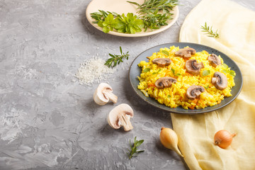 Yellow fried rice with champignons mushrooms, turmeric and oregano on blue ceramic plate on a gray concrete background. side view.
