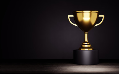 Golden trophy cup on wood. 3d render