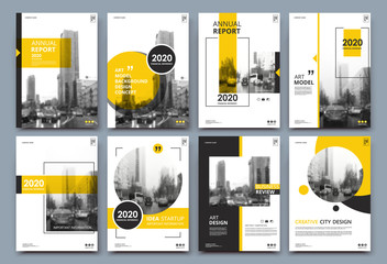 Abstract binder layout. White a4 brochure cover design. Fancy info text frame. Creative ad flyer font. Title sheet model set. Modern vector front page. Elegant city banner.Yellow figures icon fiber