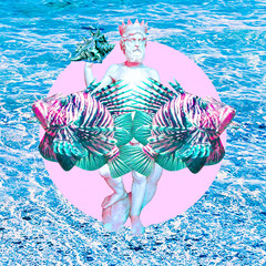 Contemporary art collage. Greek statue. Sea Ocean lover. Poseidon mood