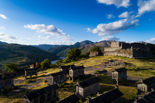Aerial drone photo of the traditional village of Lindoso, with the old castle and the granaries, in the Minho Region, Portugal