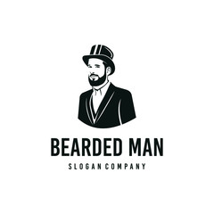 Bearded man logo design. Awesome man logo. A man with suit and hat logotype.