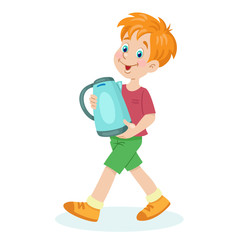Funny  boy with an electric kettle in his hands. In cartoon style. Isolated on white background. Vector illustration.